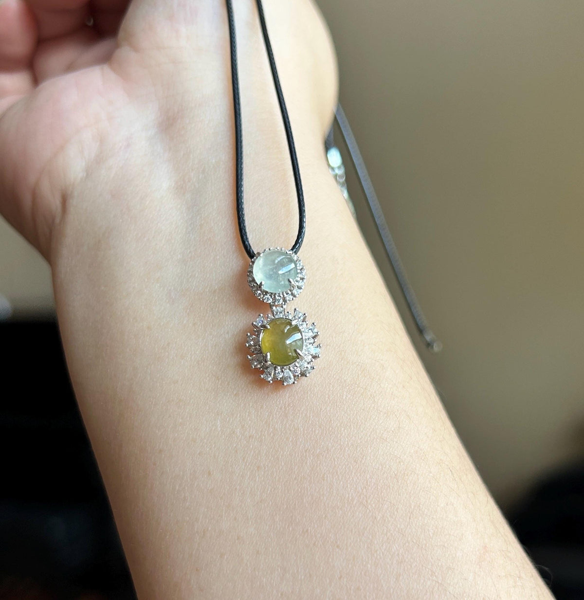 Certified Natural Jadeite Dual-Cabochon Pendant Burmese Type A Highly Translucent Icy Green Tea Yellow & White Jade in Sterling Silver
