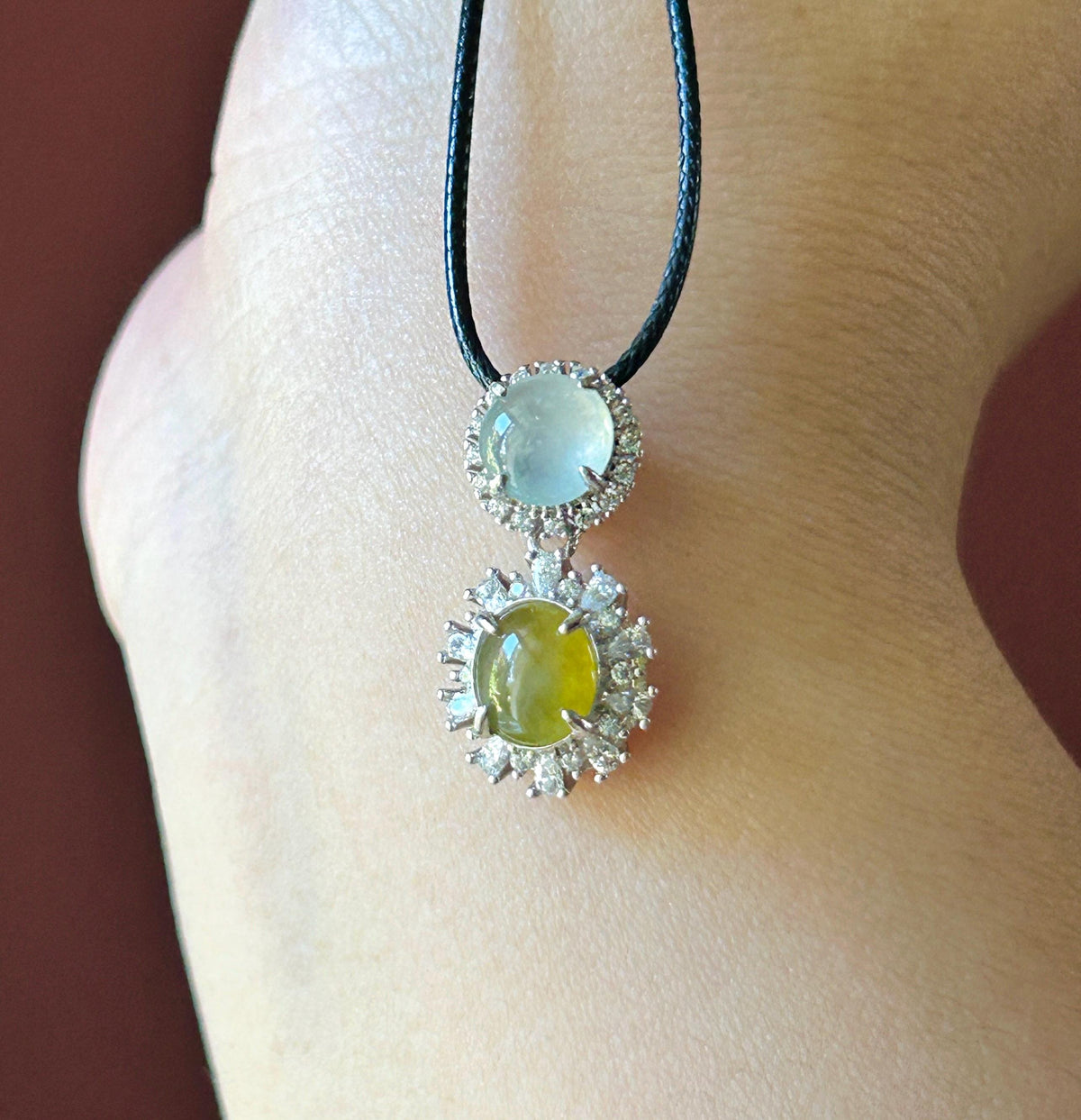 Certified Natural Jadeite Dual-Cabochon Pendant Burmese Type A Highly Translucent Icy Green Tea Yellow & White Jade in Sterling Silver