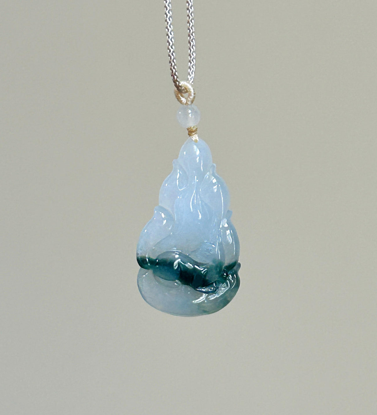 Natural Jadeite Nine-Tail-Fox Pendant - Burmese Type A Untreated Icy Translucent White Based Blue Floral Jade, Adjustable Cord