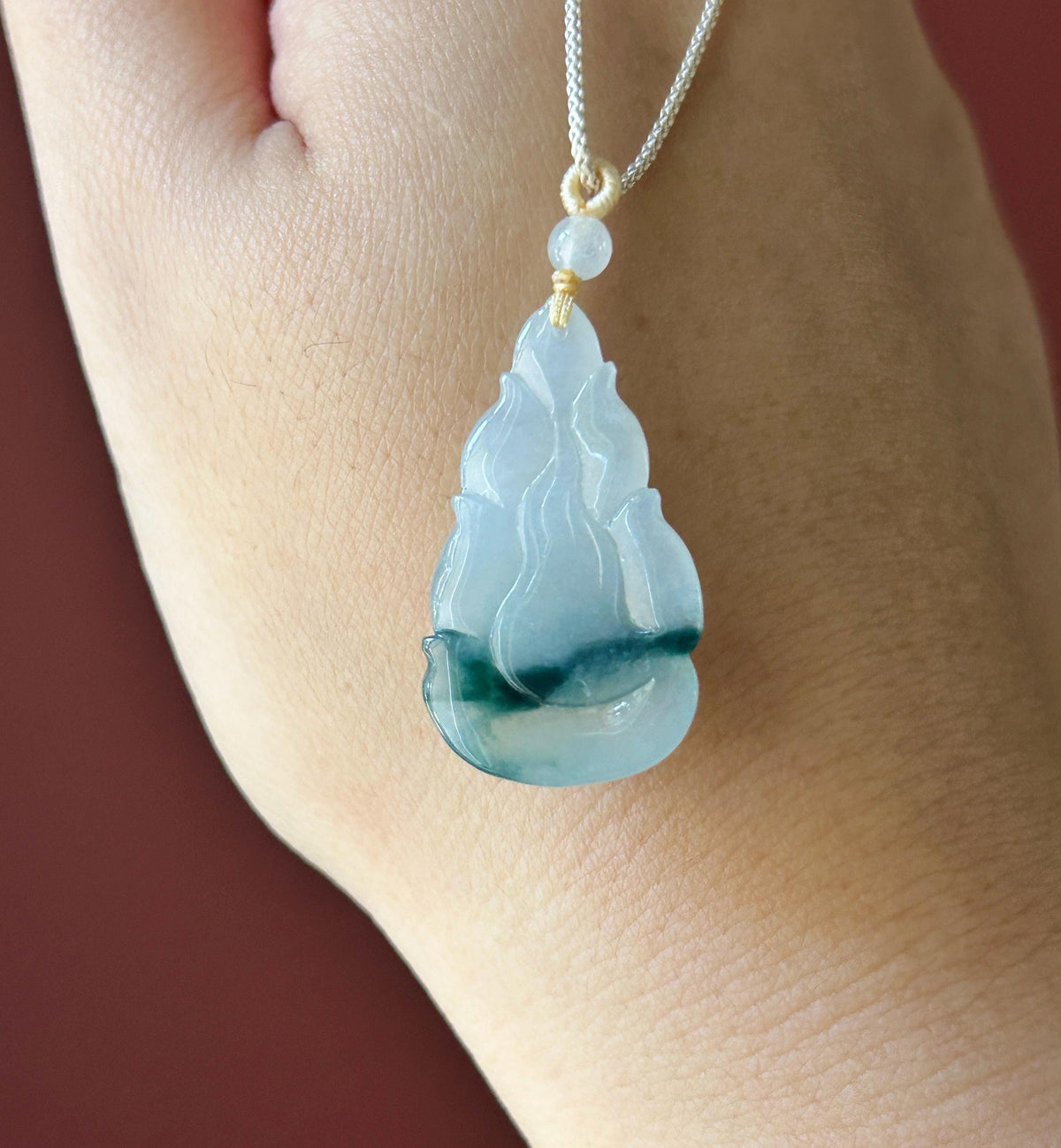 Natural Jadeite Nine-Tail-Fox Pendant - Burmese Type A Untreated Icy Translucent White Based Blue Floral Jade, Adjustable Cord
