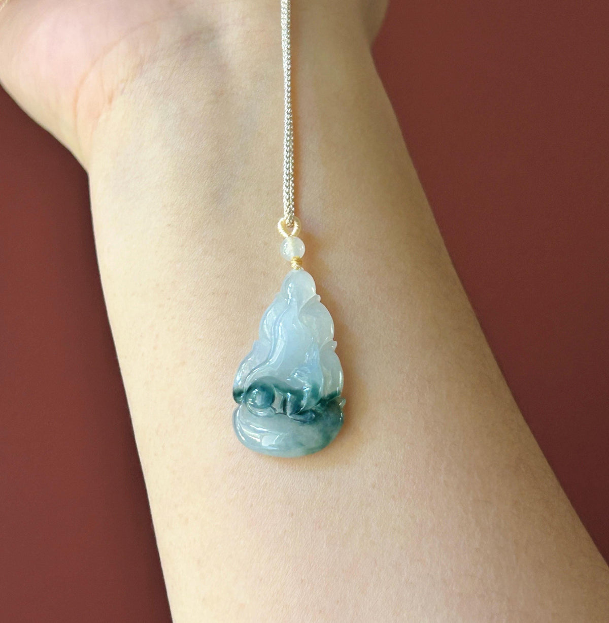 Natural Jadeite Nine-Tail-Fox Pendant - Burmese Type A Untreated Icy Translucent White Based Blue Floral Jade, Adjustable Cord