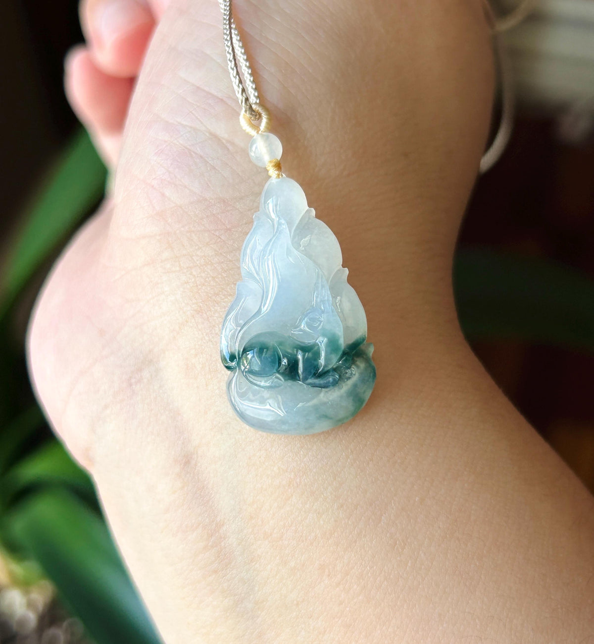 Natural Jadeite Nine-Tail-Fox Pendant - Burmese Type A Untreated Icy Translucent White Based Blue Floral Jade, Adjustable Cord