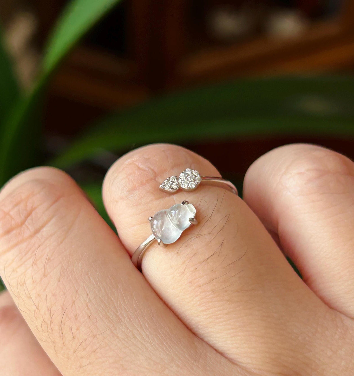 Certified Natural Jadeite Gourd Adjustable Ring Burmese Type A Highly Translucent Icy White Jade Hulu Sterling Silver