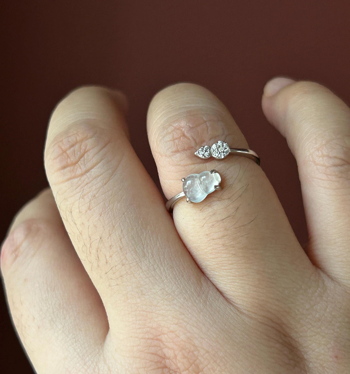 Certified Natural Jadeite Gourd Adjustable Ring Burmese Type A Highly Translucent Icy White Jade Hulu Sterling Silver
