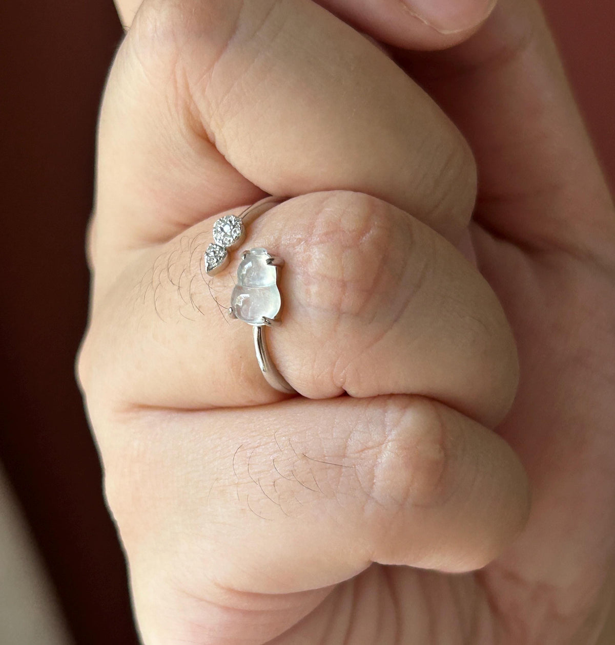 Certified Natural Jadeite Gourd Adjustable Ring Burmese Type A Highly Translucent Icy White Jade Hulu Sterling Silver
