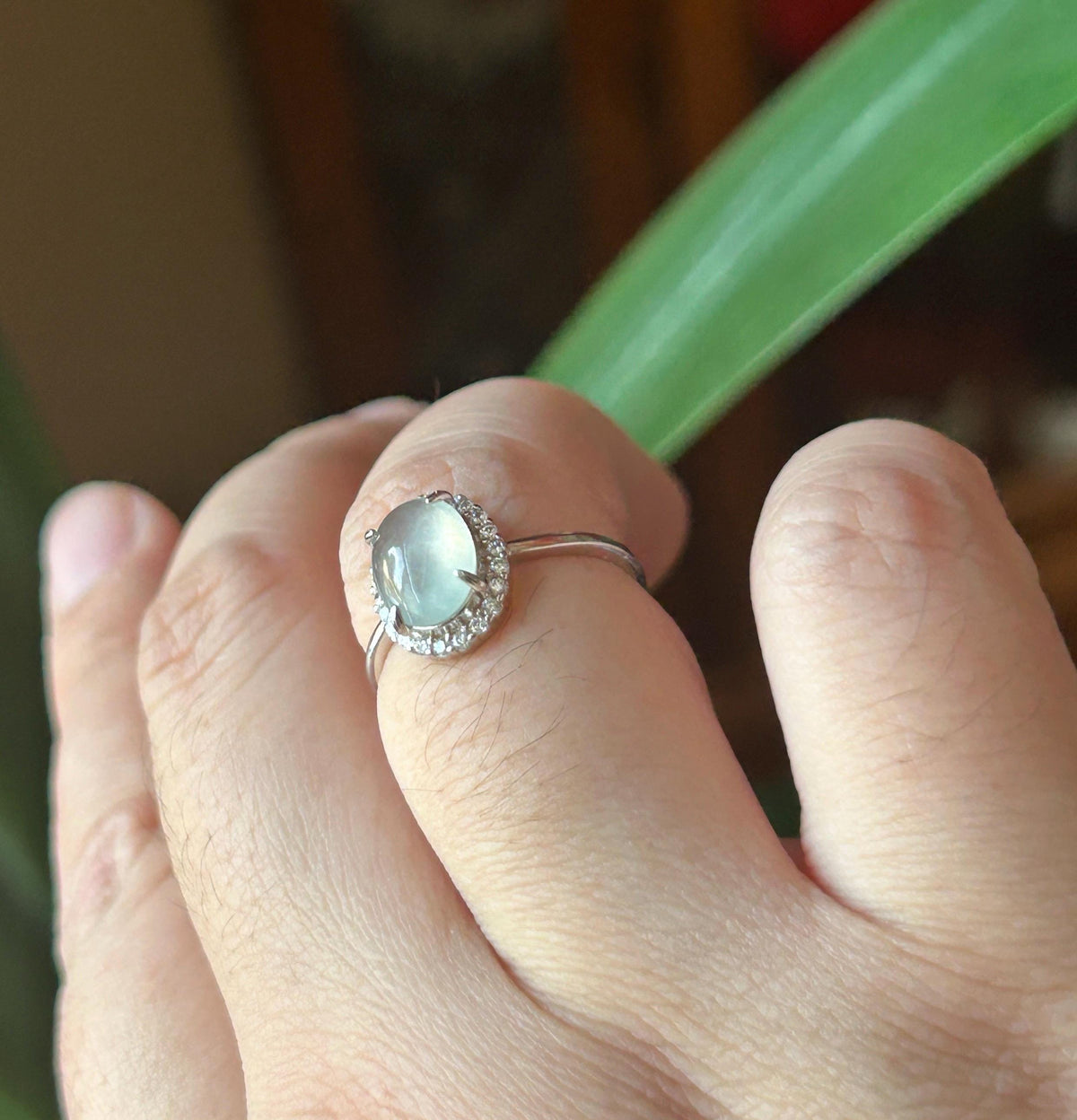 Certified Natural Jadeite Ring | Burmese Type A Highly Translucent Icy White Jade, Sterling Silver, 9.4 x 7mm Oval Cabochon