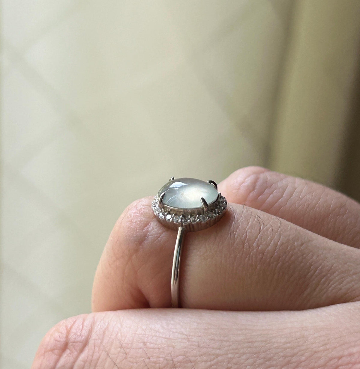 Certified Natural Jadeite Ring | Burmese Type A Highly Translucent Icy White Jade, Sterling Silver, 9.4 x 7mm Oval Cabochon