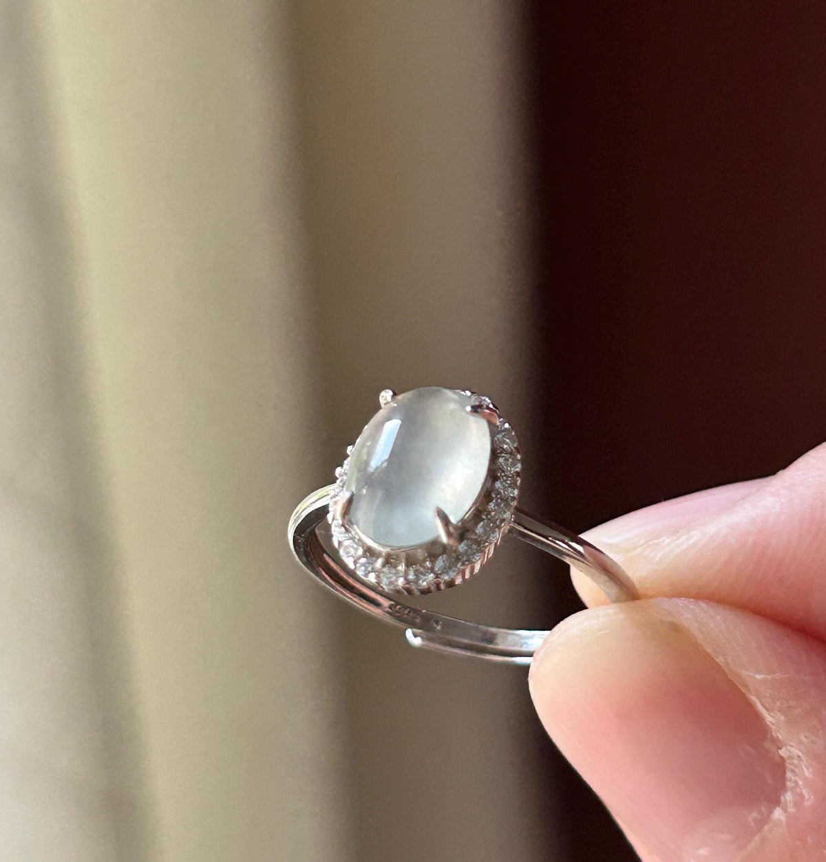 Certified Natural Jadeite Ring | Burmese Type A Highly Translucent Icy White Jade, Sterling Silver, 9.4 x 7mm Oval Cabochon