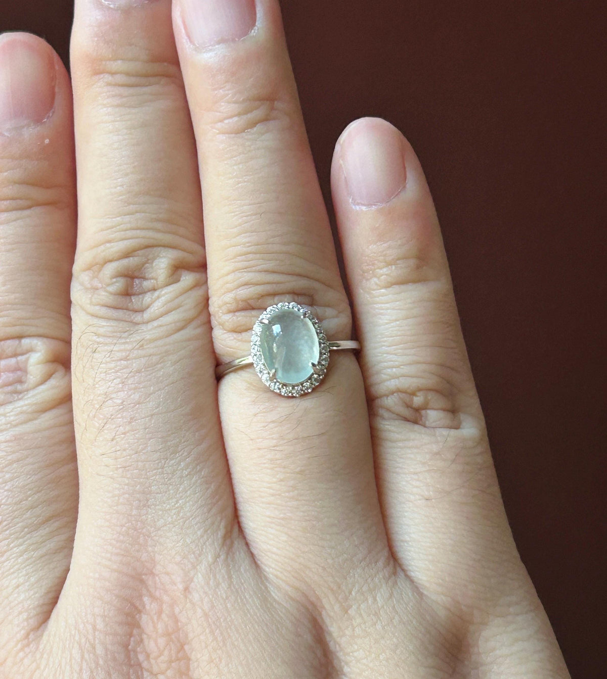 Certified Natural Jadeite Ring | Burmese Type A Highly Translucent Icy White Jade, Sterling Silver, 9.4 x 7mm Oval Cabochon