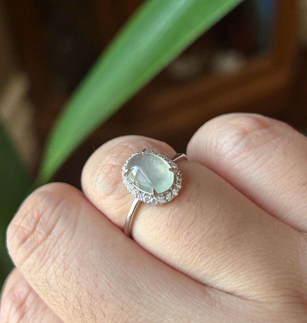 Certified Natural Jadeite Ring | Burmese Type A Highly Translucent Icy White Jade, Sterling Silver, 9.4 x 7mm Oval Cabochon