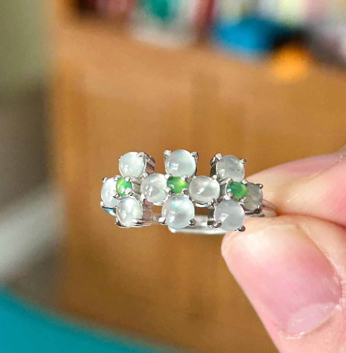 Certified Natural Jadeite Cabochon Multi-Flower Adjustable Ring Burmese Type A High Translucency Icy Green & White Jade Sterling Silver