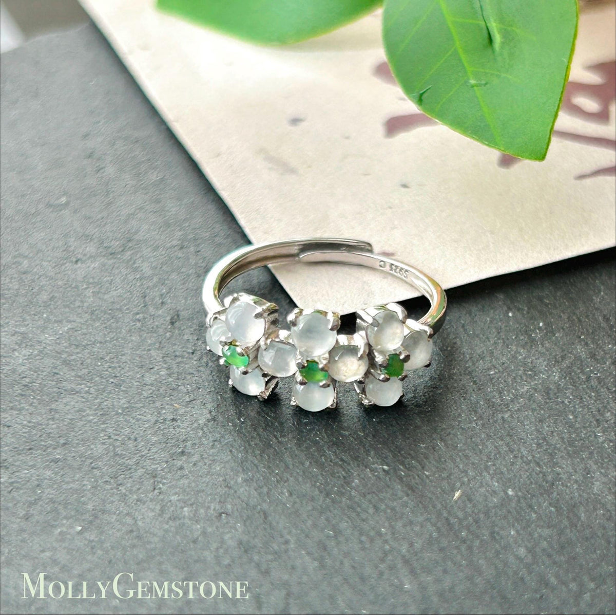 Certified Natural Jadeite Cabochon Multi-Flower Adjustable Ring Burmese Type A High Translucency Icy Green & White Jade Sterling Silver