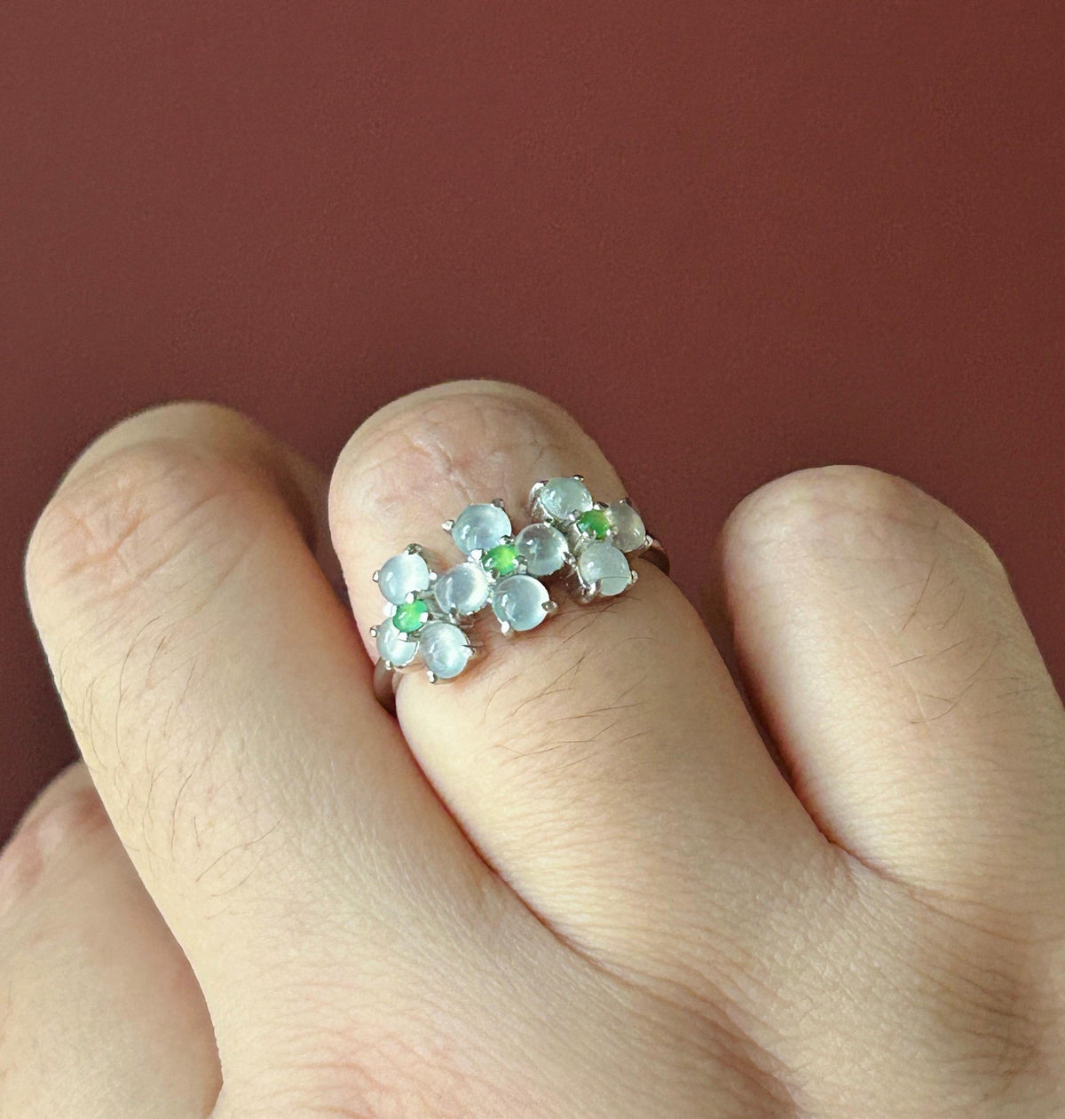 Certified Natural Jadeite Cabochon Multi-Flower Adjustable Ring Burmese Type A High Translucency Icy Green & White Jade Sterling Silver