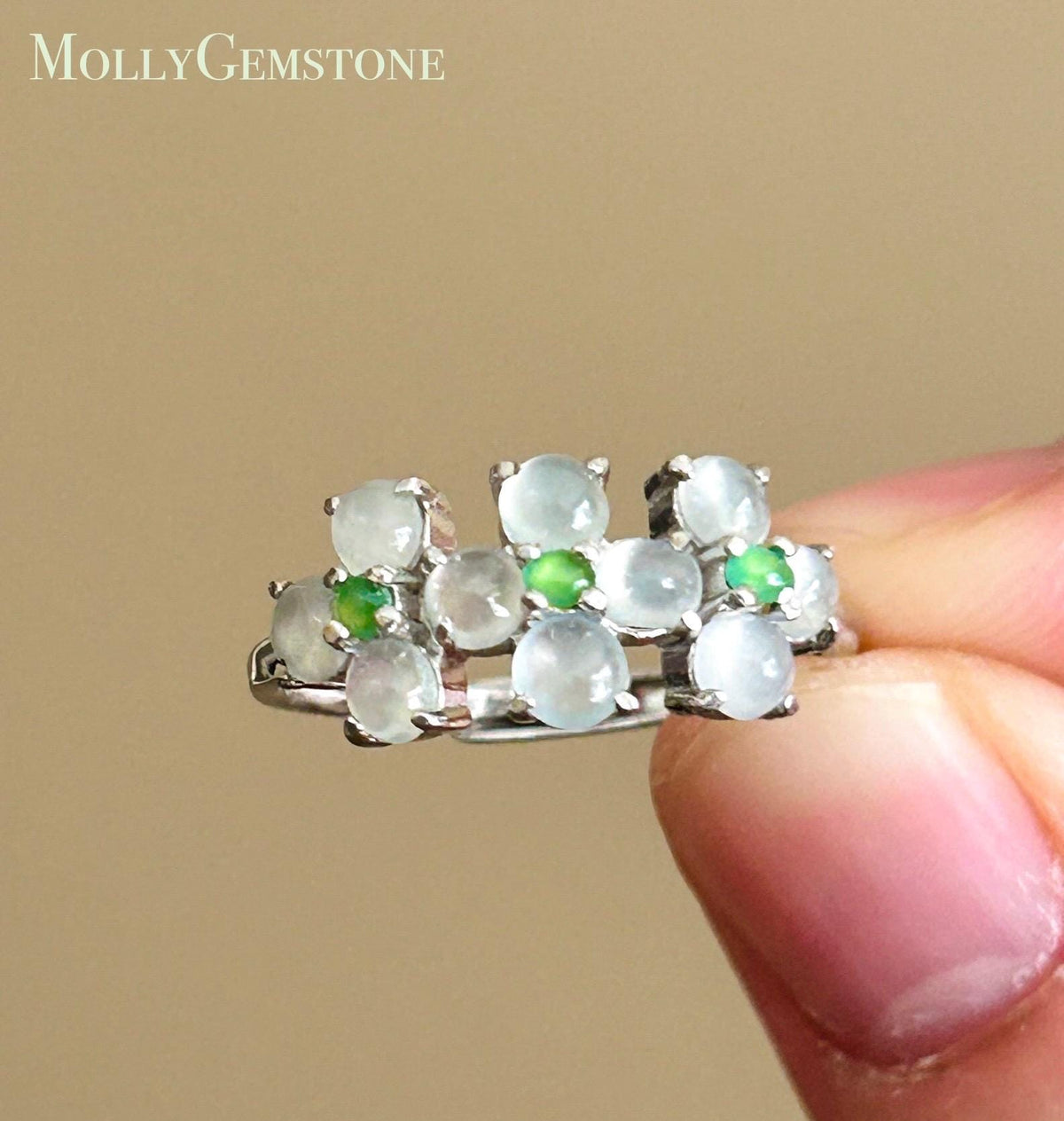 Certified Natural Jadeite Cabochon Multi-Flower Adjustable Ring Burmese Type A High Translucency Icy Green & White Jade Sterling Silver