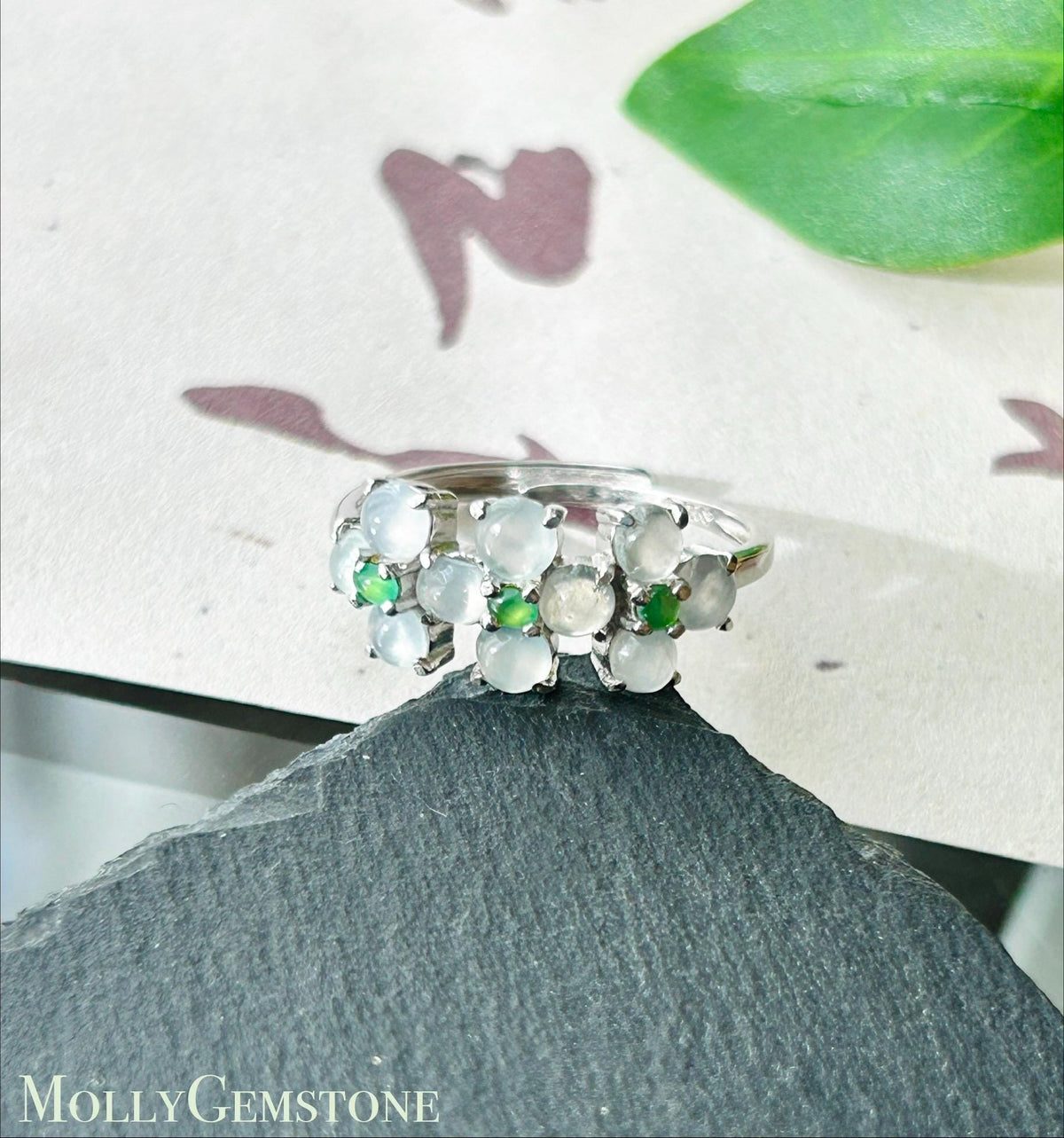 Certified Natural Jadeite Cabochon Multi-Flower Adjustable Ring Burmese Type A High Translucency Icy Green & White Jade Sterling Silver