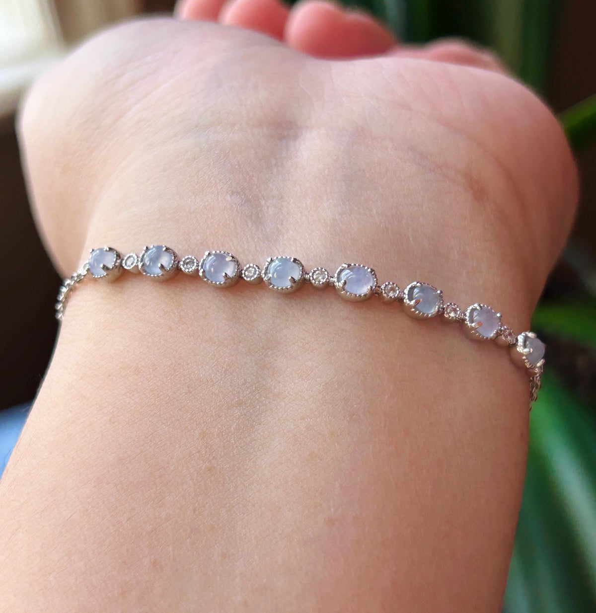 Certified Natural Jadeite Cabochon Minimalist Bracelet, Burmese Type A Translucent Icy Pale Lavender Jade Sterling Silver, Adjustable Length