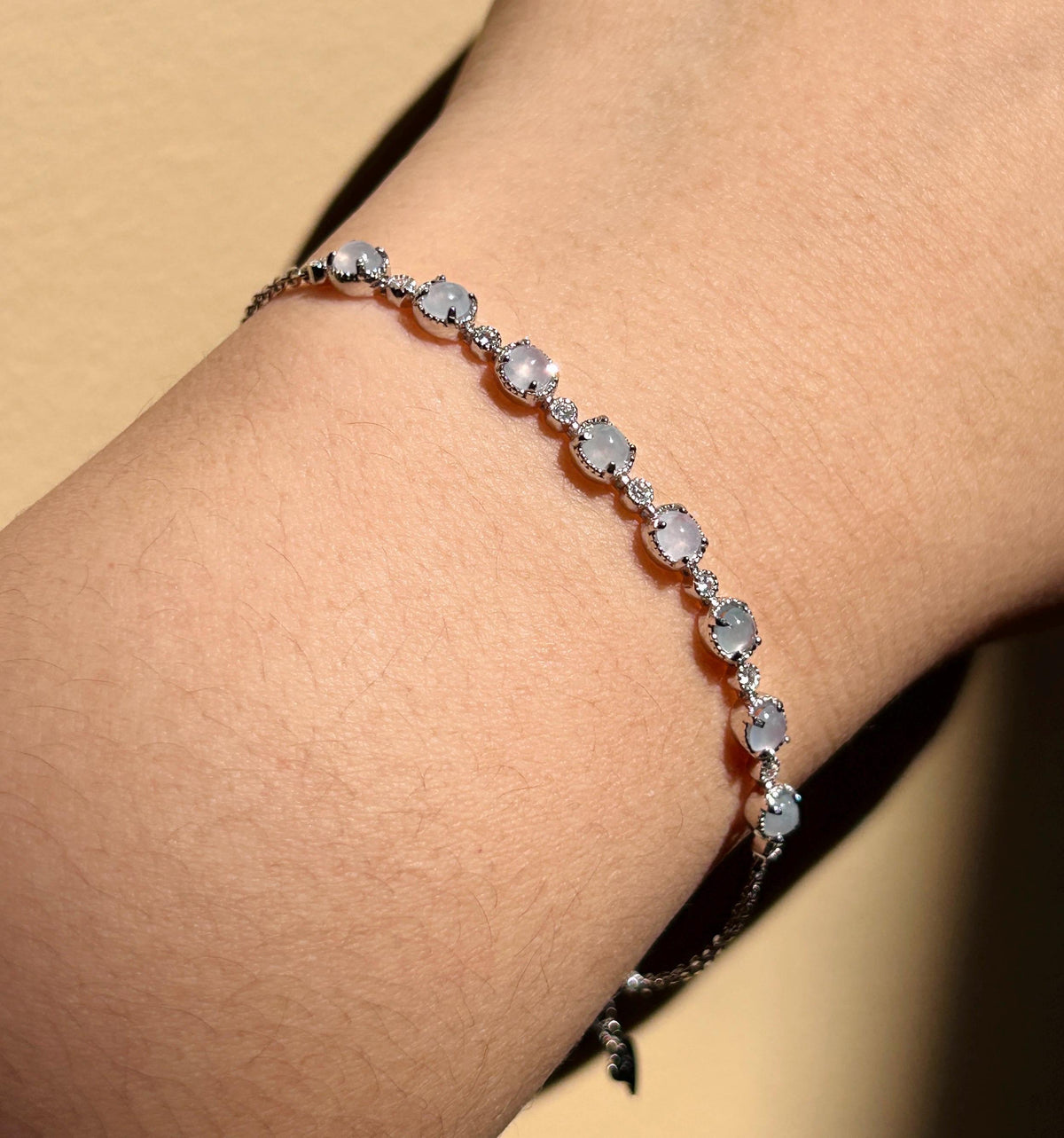 Certified Natural Jadeite Cabochon Minimalist Bracelet, Burmese Type A Translucent Icy Pale Lavender Jade Sterling Silver, Adjustable Length