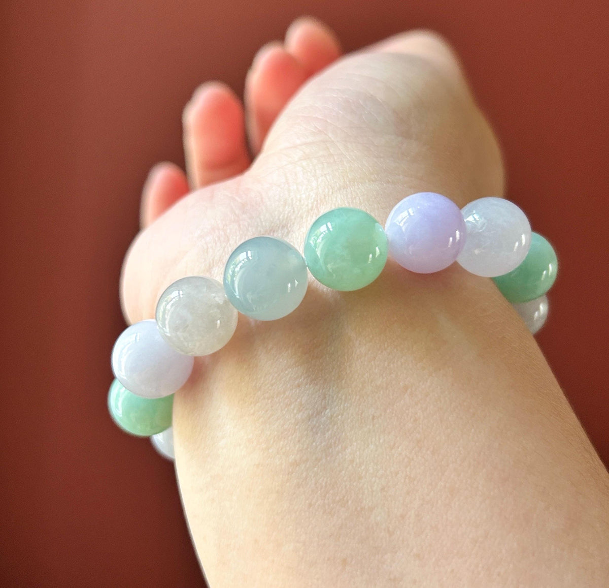 Certified Natural Jadeite Beaded Bracelet High-End Burmese Type A Highly Translucent Icy Multicolor Jade, 12mm Spring Color Bracelet