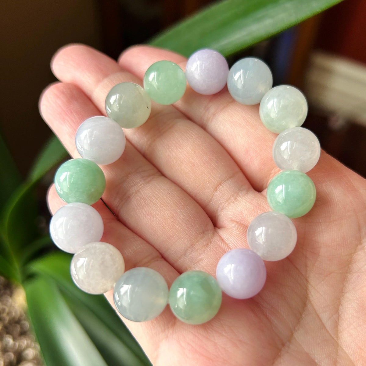 Certified Natural Jadeite Beaded Bracelet High-End Burmese Type A Highly Translucent Icy Multicolor Jade, 12mm Spring Color Bracelet