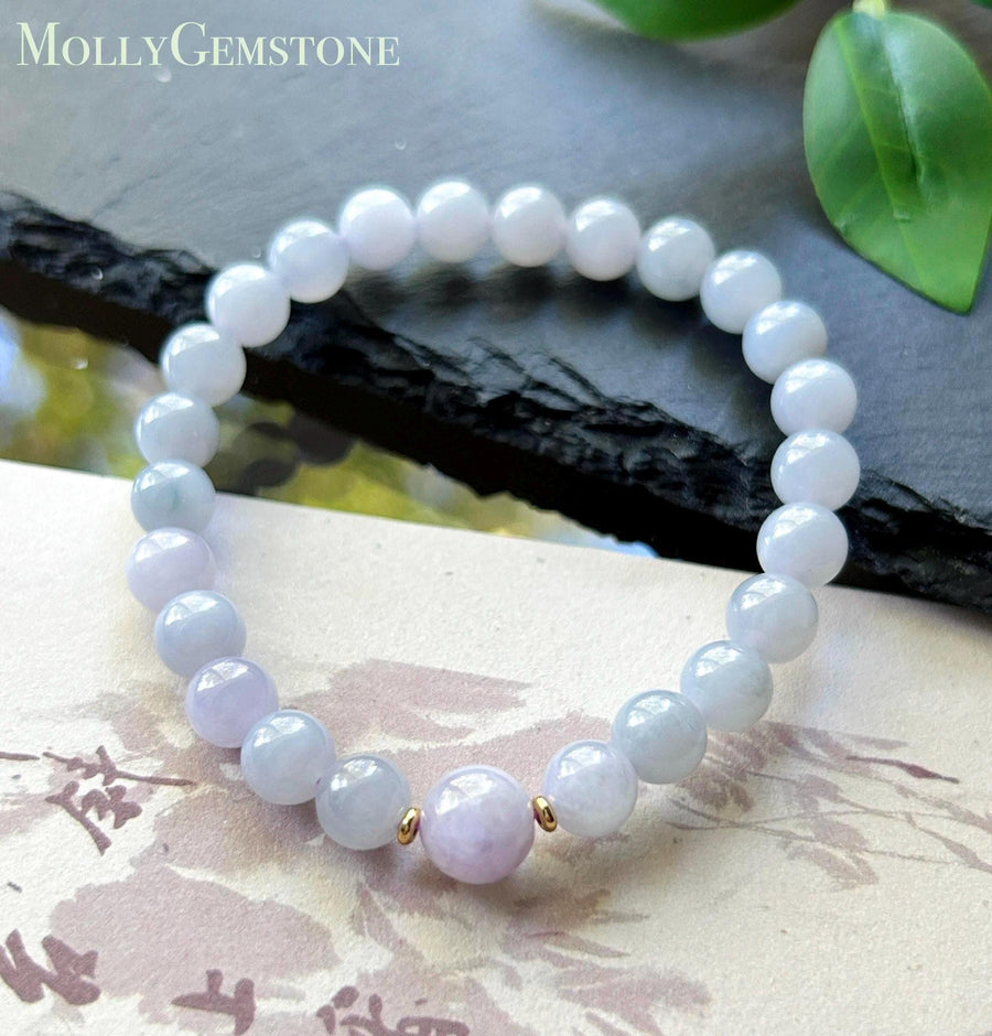 Natural Jadeite Beaded Bracelet Burmese Type A Fine Glutinous Icy Lavender Purple Jade 7.4mm Minimalist Jewelry