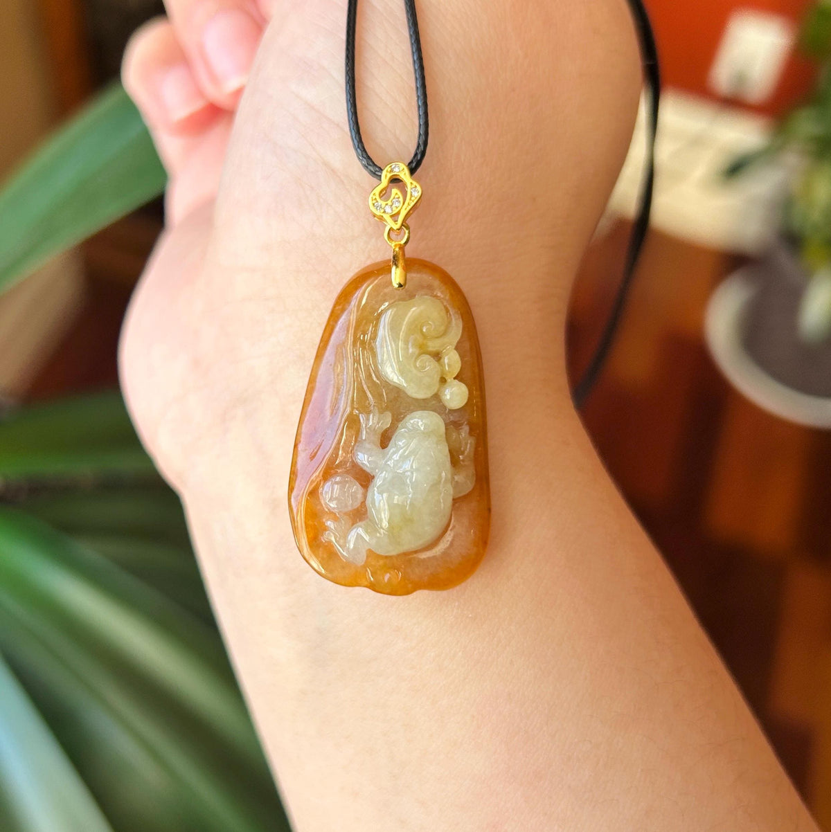 Certified Natural Jadeite Three-Legged-Todd and RuYi Pendant | Burmese Type A Unheated Red & White Jade with 18k Gold Vermeil Bail