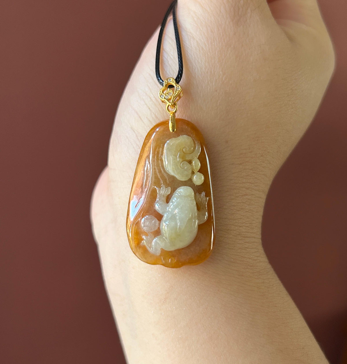 Certified Natural Jadeite Three-Legged-Todd and RuYi Pendant | Burmese Type A Unheated Red & White Jade with 18k Gold Vermeil Bail