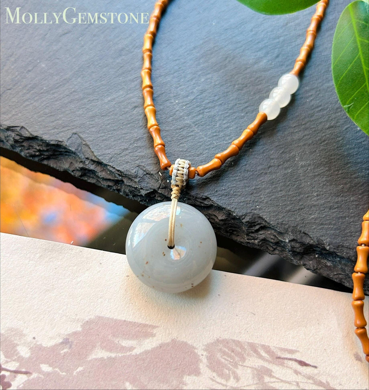 Certified Natural Jadeite Donut Pendant Handwoven Wood Necklace Burmese Type A RARE Icy Smokey Blue Lavender & Red Floral Jade 20.5 x 9.5mm