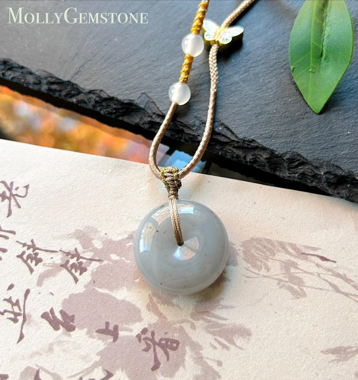 Certified Natural Jadeite Donut Pendant Adjustable Necklace Burmese Type A RARE Icy Smokey Blue Lavender & Red Floral Jade 24.6 x 9.8mm
