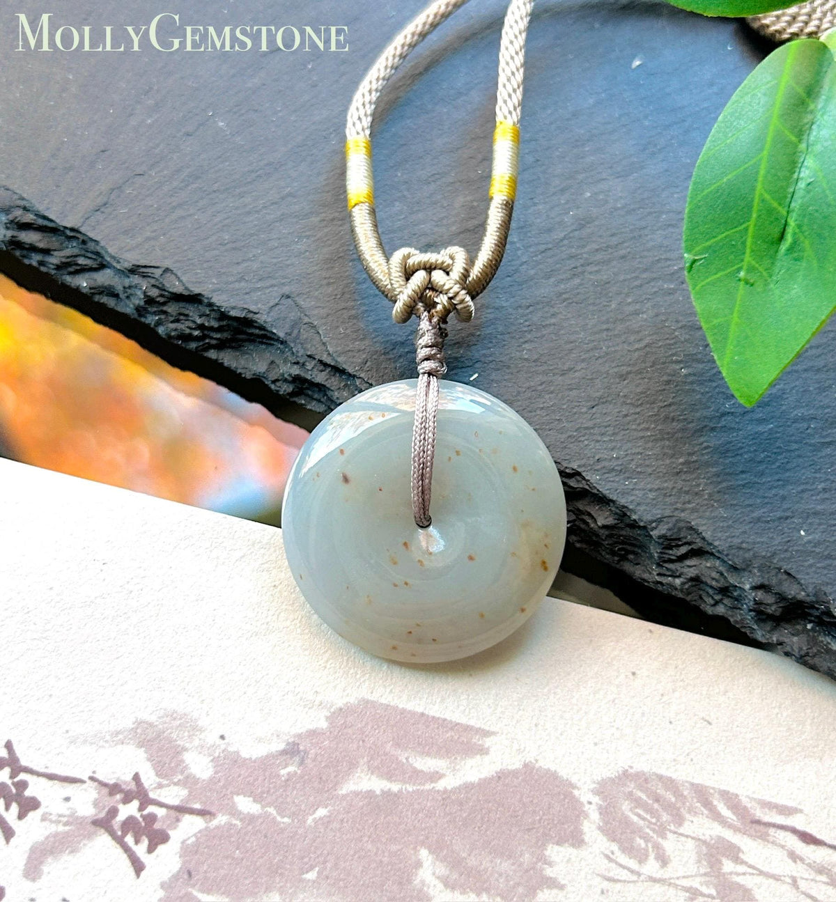 Certified Natural Jadeite Donut Pendant Adjustable Necklace Burmese Type A RARE Icy Grayish Blue Lavender & Red Floral Jade 28 x 6.4mm