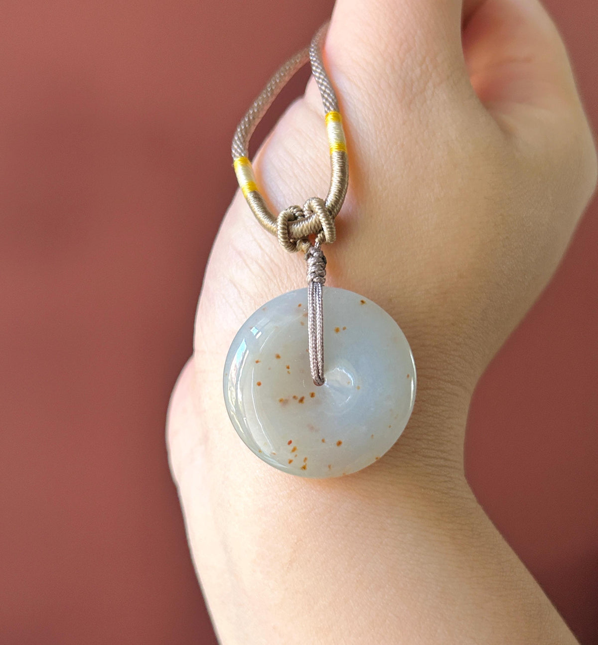 Certified Natural Jadeite Donut Pendant Adjustable Necklace Burmese Type A RARE Icy Grayish Blue Lavender & Red Floral Jade 28 x 6.4mm