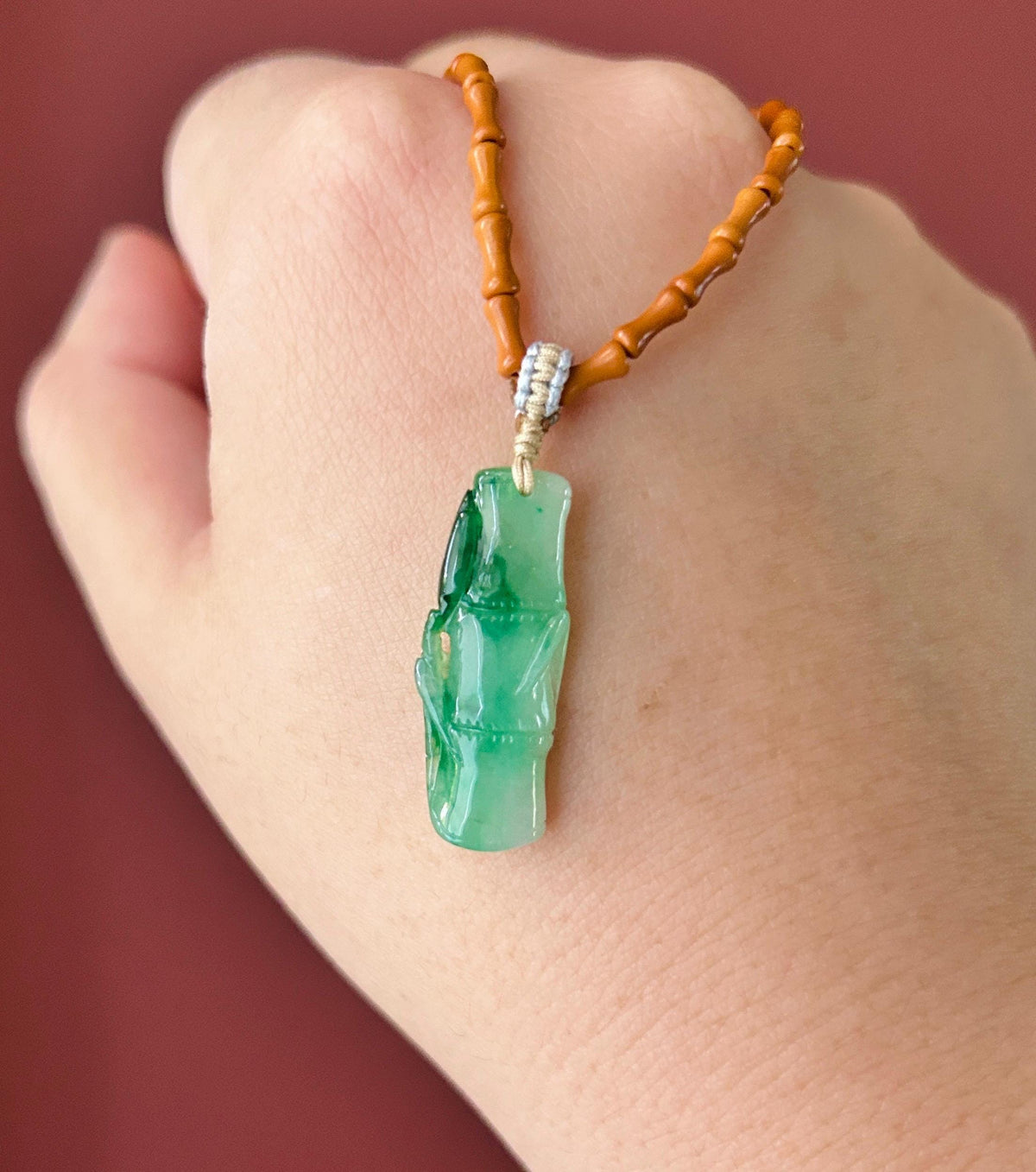 Certified Natural Jadeite Bamboo Pendant Handwoven Wood Adjustable Necklace Burmese Type A Icy Translucent Vivid Green Jade 29 x 11 x 5mm