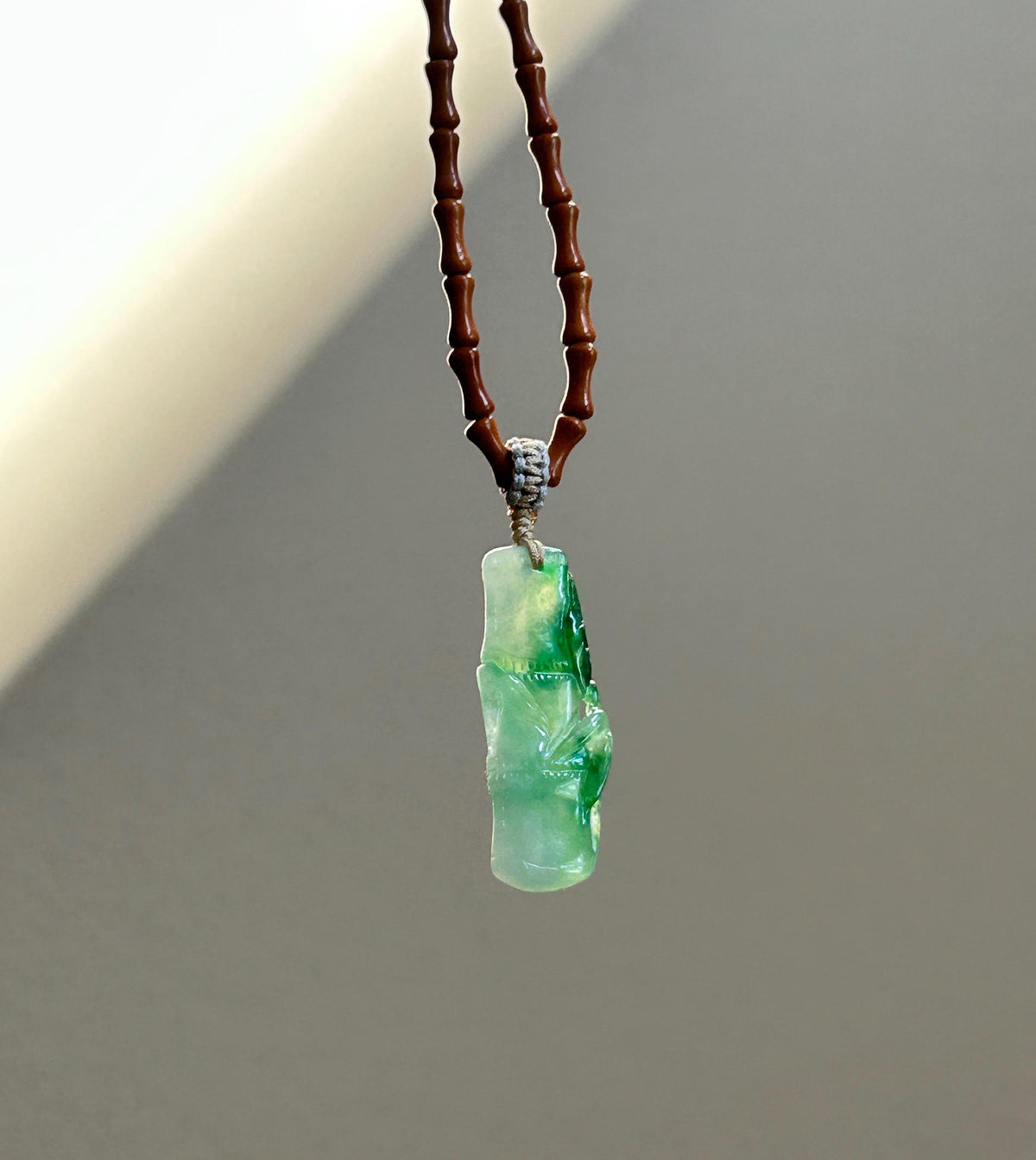 Certified Natural Jadeite Bamboo Pendant Handwoven Wood Adjustable Necklace Burmese Type A Icy Translucent Vivid Green Jade 29 x 11 x 5mm