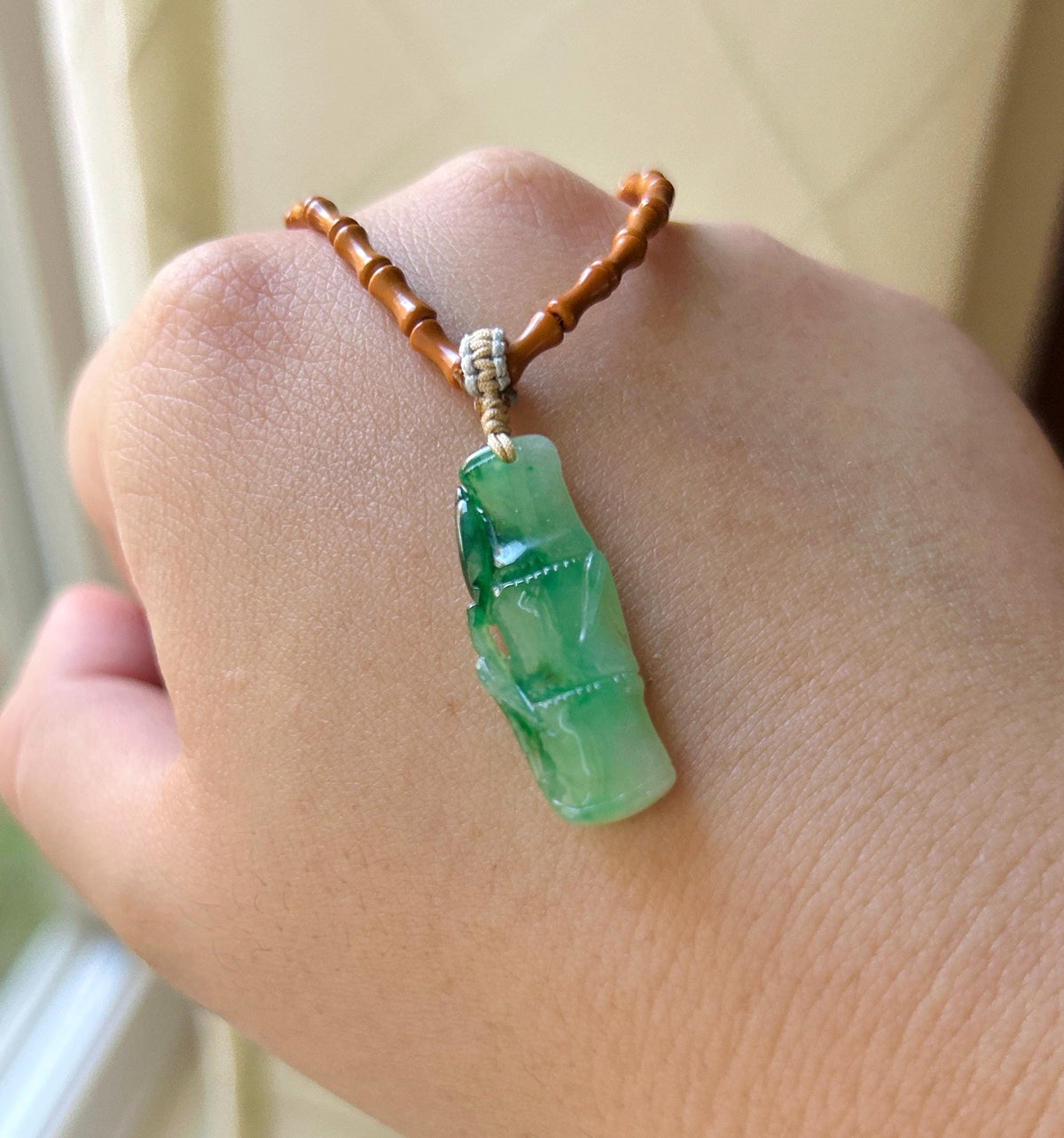 Certified Natural Jadeite Bamboo Pendant Handwoven Wood Adjustable Necklace Burmese Type A Icy Translucent Vivid Green Jade 29 x 11 x 5mm