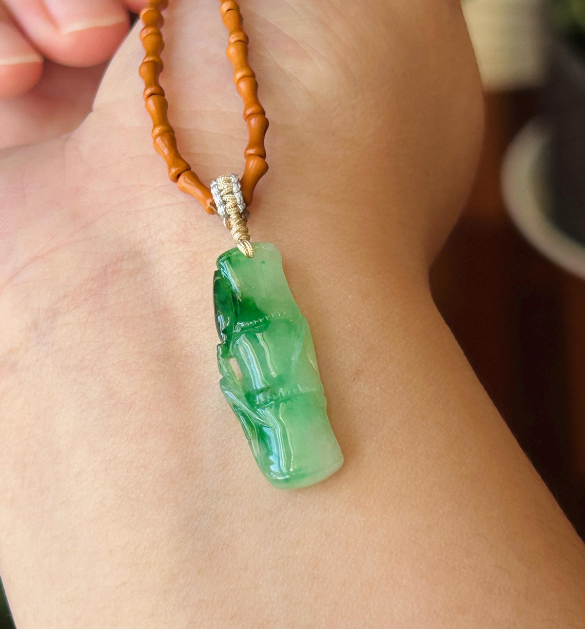 Certified Natural Jadeite Bamboo Pendant Handwoven Wood Adjustable Necklace Burmese Type A Icy Translucent Vivid Green Jade 29 x 11 x 5mm