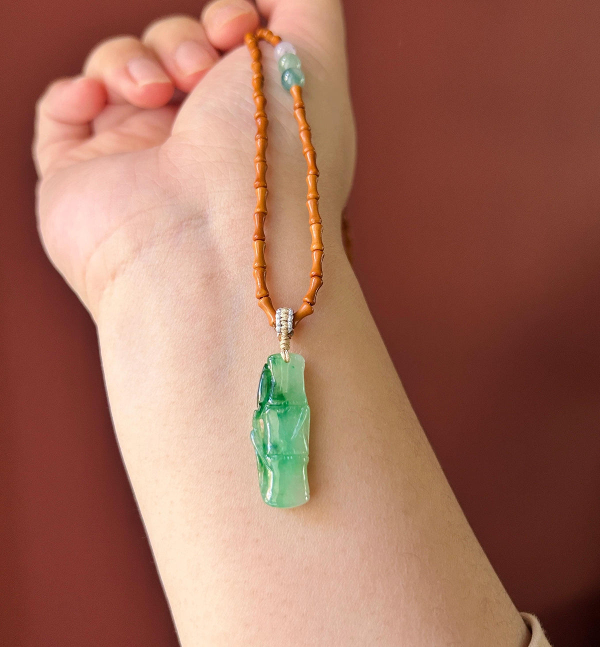 Certified Natural Jadeite Bamboo Pendant Handwoven Wood Adjustable Necklace Burmese Type A Icy Translucent Vivid Green Jade 29 x 11 x 5mm