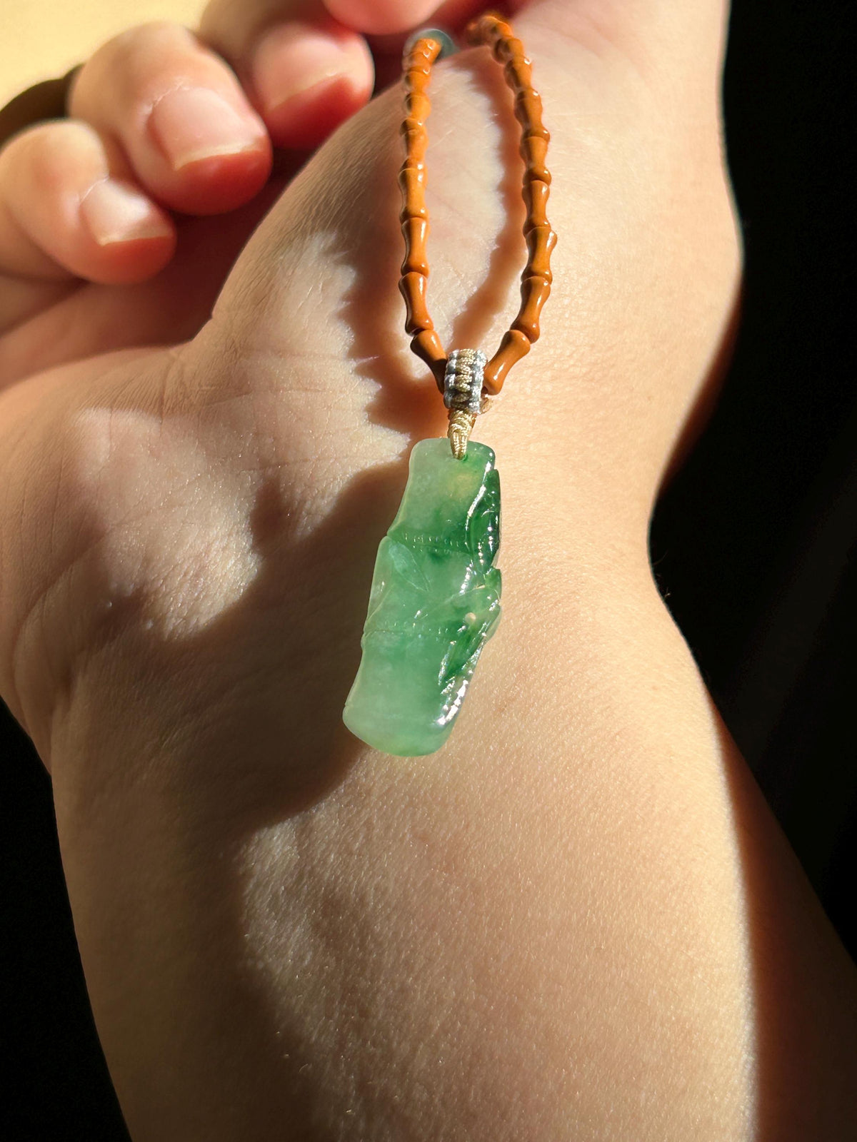 Certified Natural Jadeite Bamboo Pendant Handwoven Wood Adjustable Necklace Burmese Type A Icy Translucent Vivid Green Jade 29 x 11 x 5mm