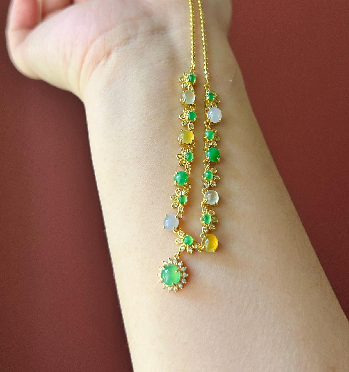 Certified Natural Jadeite Floral Necklace, Burmese Type A Highly Translucent Icy Multicolor Jade Cabochons, 18k Vermeil, 925 Sterling Silver