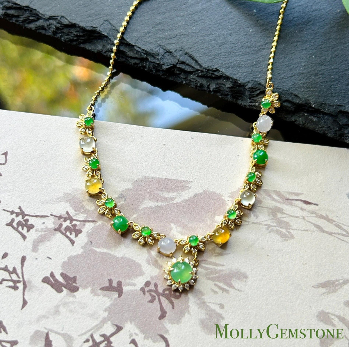 Certified Natural Jadeite Floral Necklace, Burmese Type A Highly Translucent Icy Multicolor Jade Cabochons, 18k Vermeil, 925 Sterling Silver