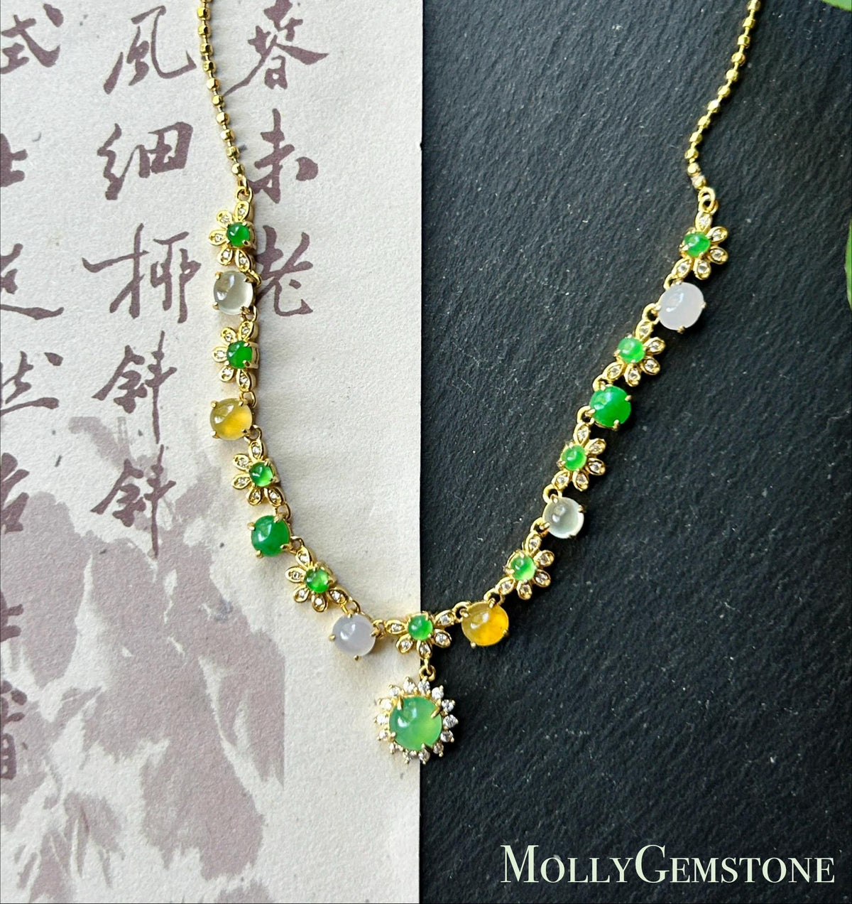 Certified Natural Jadeite Floral Necklace, Burmese Type A Highly Translucent Icy Multicolor Jade Cabochons, 18k Vermeil, 925 Sterling Silver
