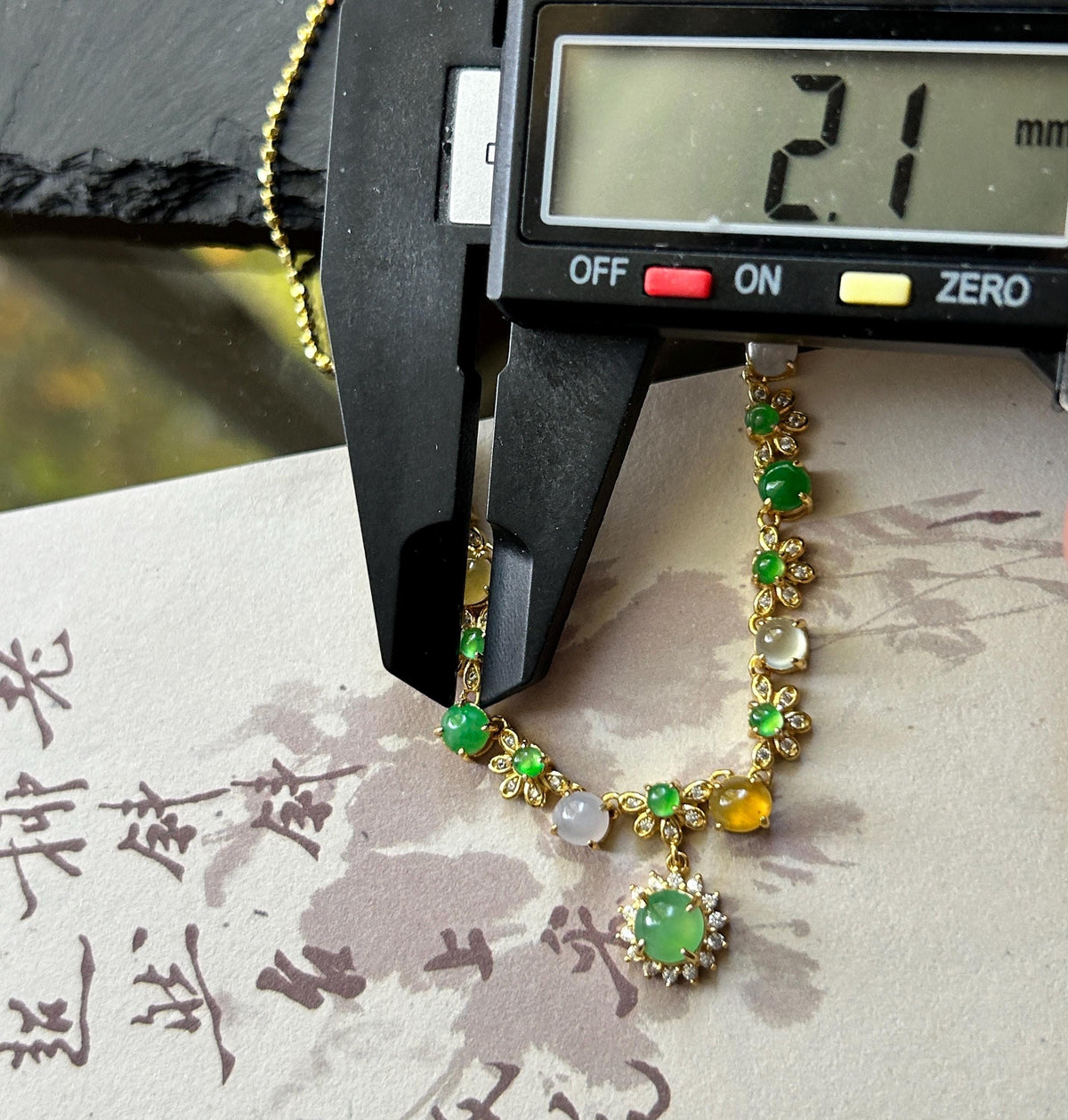 Certified Natural Jadeite Floral Necklace, Burmese Type A Highly Translucent Icy Multicolor Jade Cabochons, 18k Vermeil, 925 Sterling Silver