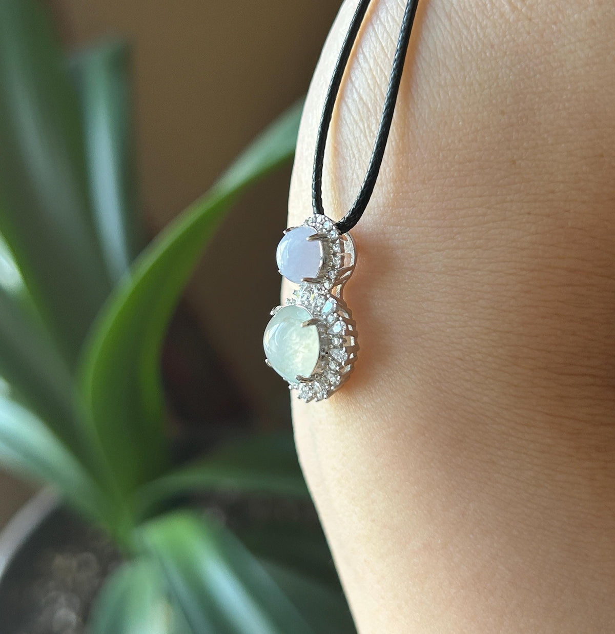 Certified Natural Jadeite Dual- Cabochon Pendant Burmese Type A Highly Translucent Icy Lavender & White Jade in Sterling Silver