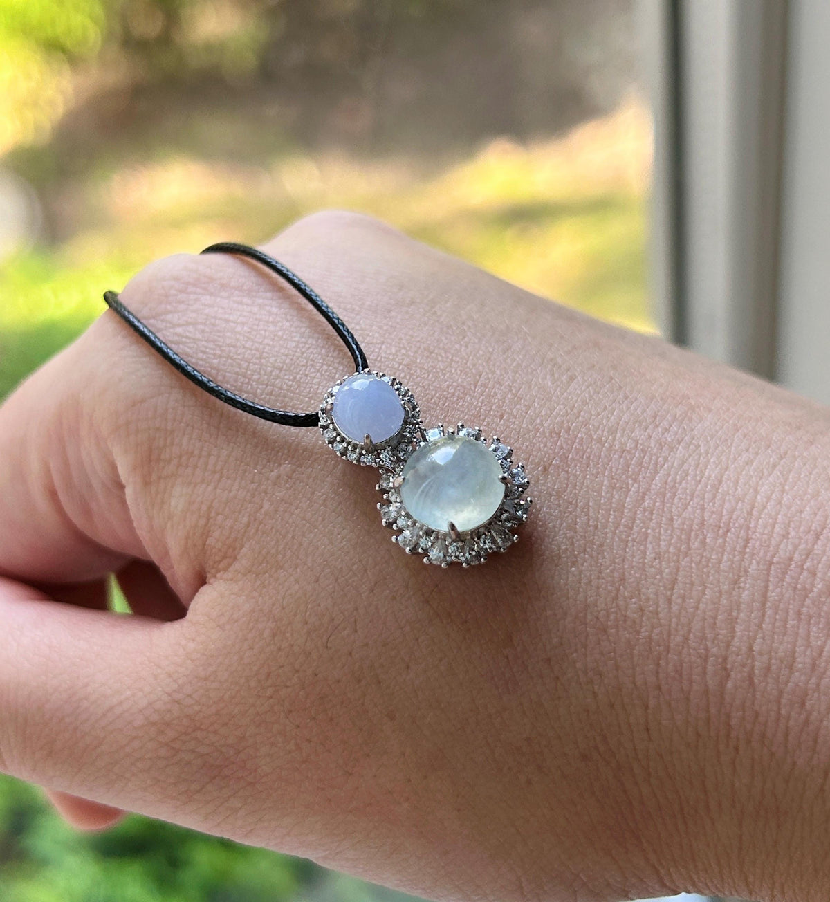 Certified Natural Jadeite Dual- Cabochon Pendant Burmese Type A Highly Translucent Icy Lavender & White Jade in Sterling Silver