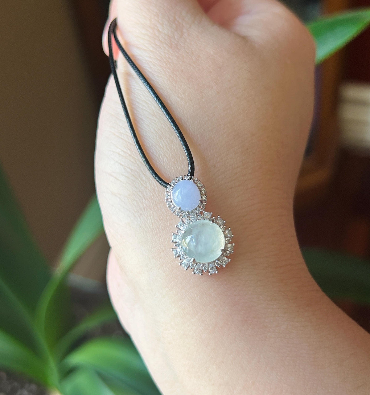 Certified Natural Jadeite Dual- Cabochon Pendant Burmese Type A Highly Translucent Icy Lavender & White Jade in Sterling Silver