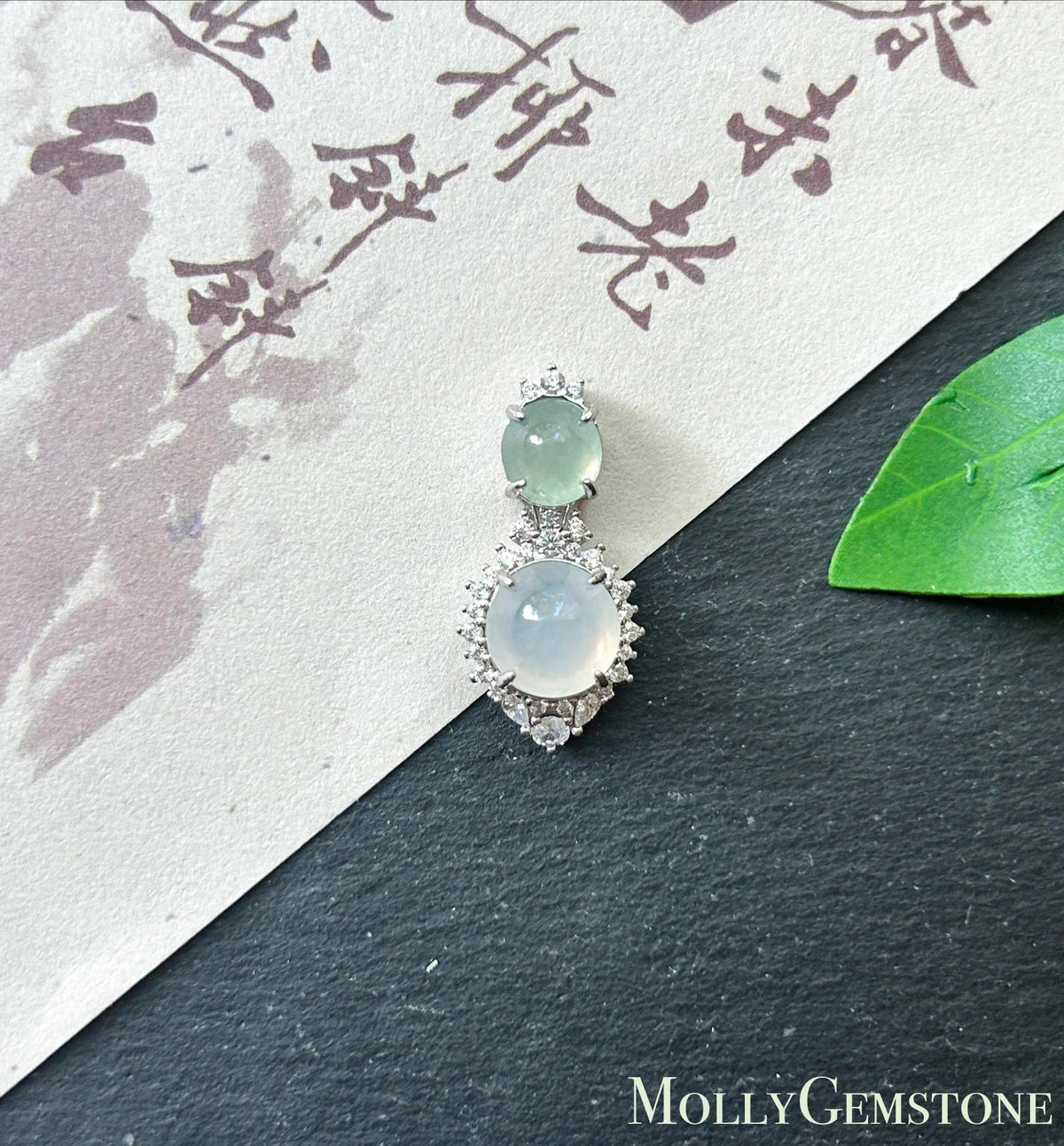 Certified Natural Jadeite Dual-Cabochon Pendant Burmese Type A Highly Translucent Icy Light Green & Moonlight White Jade in Sterling Silver