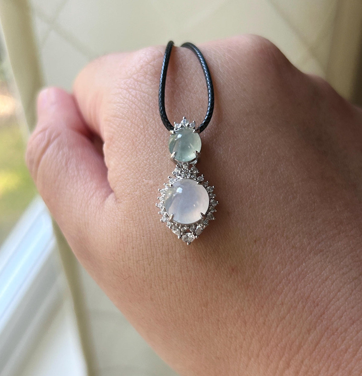 Certified Natural Jadeite Dual-Cabochon Pendant Burmese Type A Highly Translucent Icy Light Green & Moonlight White Jade in Sterling Silver