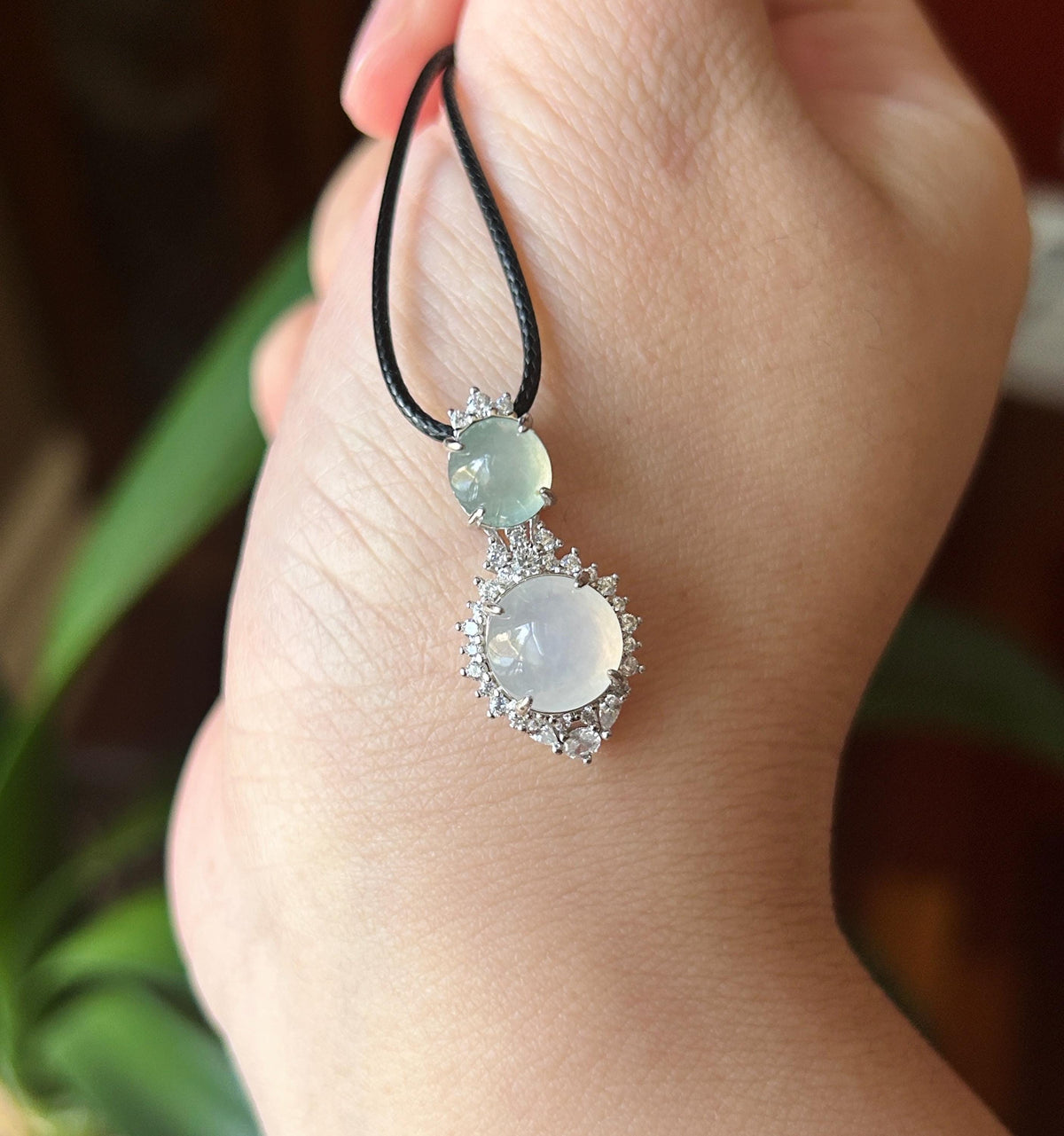 Certified Natural Jadeite Dual-Cabochon Pendant Burmese Type A Highly Translucent Icy Light Green & Moonlight White Jade in Sterling Silver