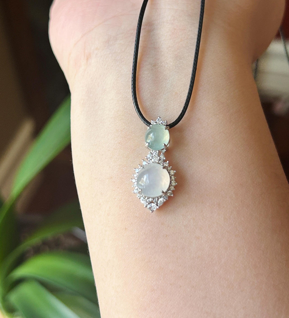 Certified Natural Jadeite Dual-Cabochon Pendant Burmese Type A Highly Translucent Icy Light Green & Moonlight White Jade in Sterling Silver
