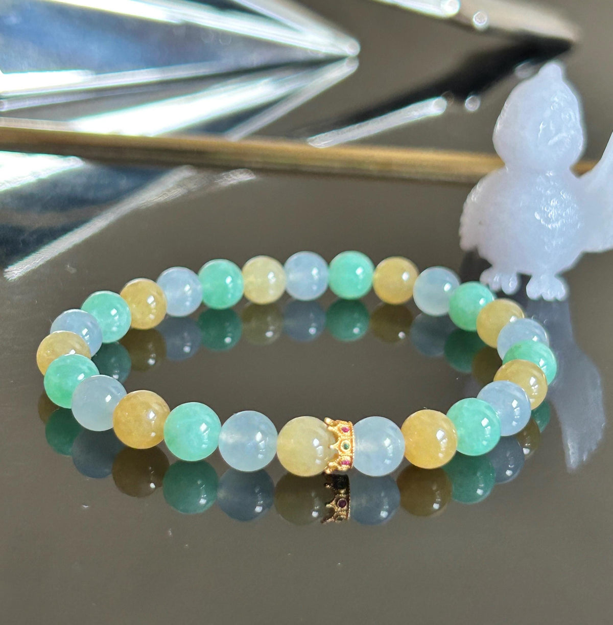 Natural Jadeite Beaded Bracelet, Burmese Type A Translucent Icy Pale Blue Lavender, Honey Yellow, Apple Green Multi-Color Jade, 6.8mm
