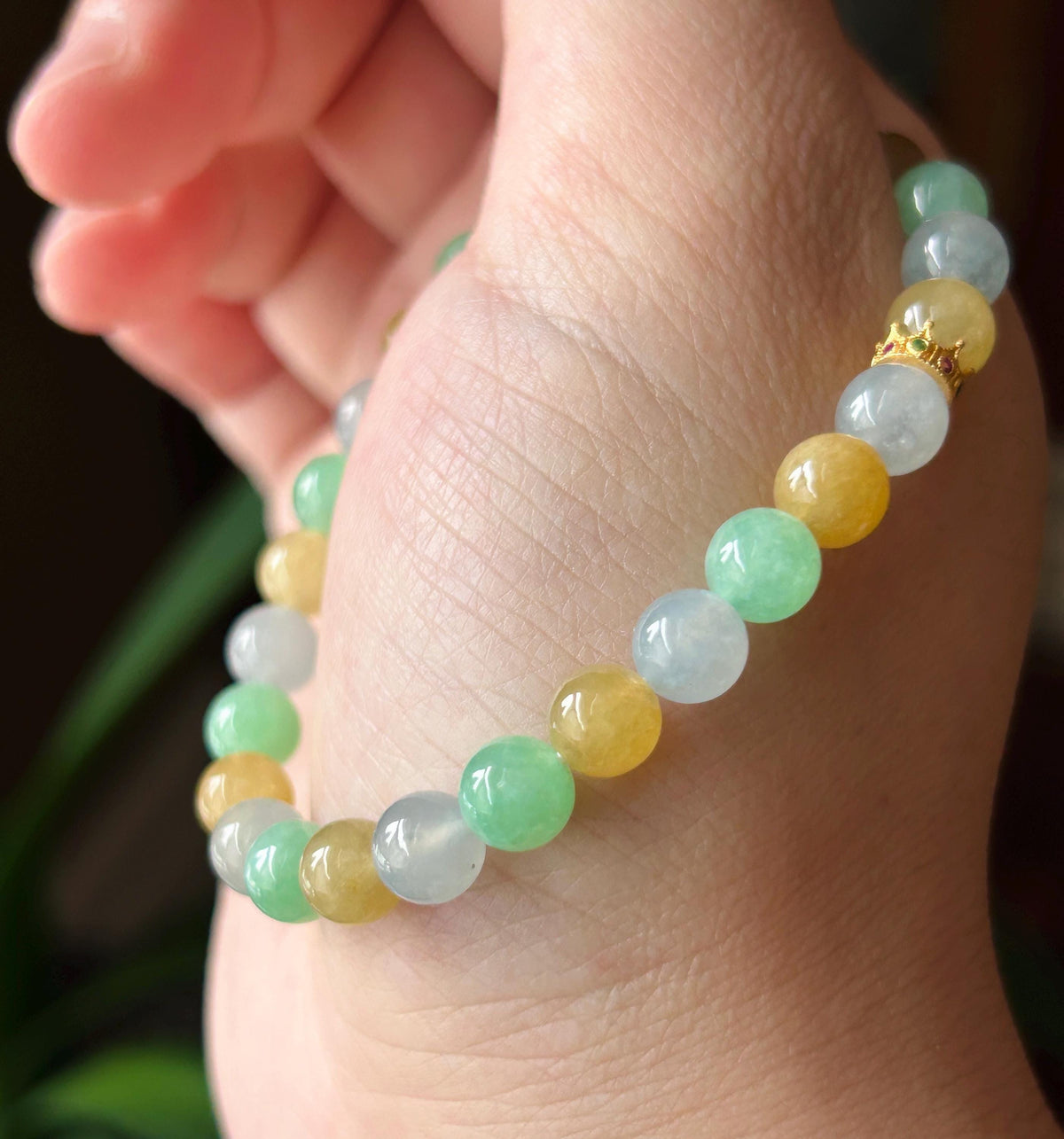 Natural Jadeite Beaded Bracelet, Burmese Type A Translucent Icy Pale Blue Lavender, Honey Yellow, Apple Green Multi-Color Jade, 6.8mm