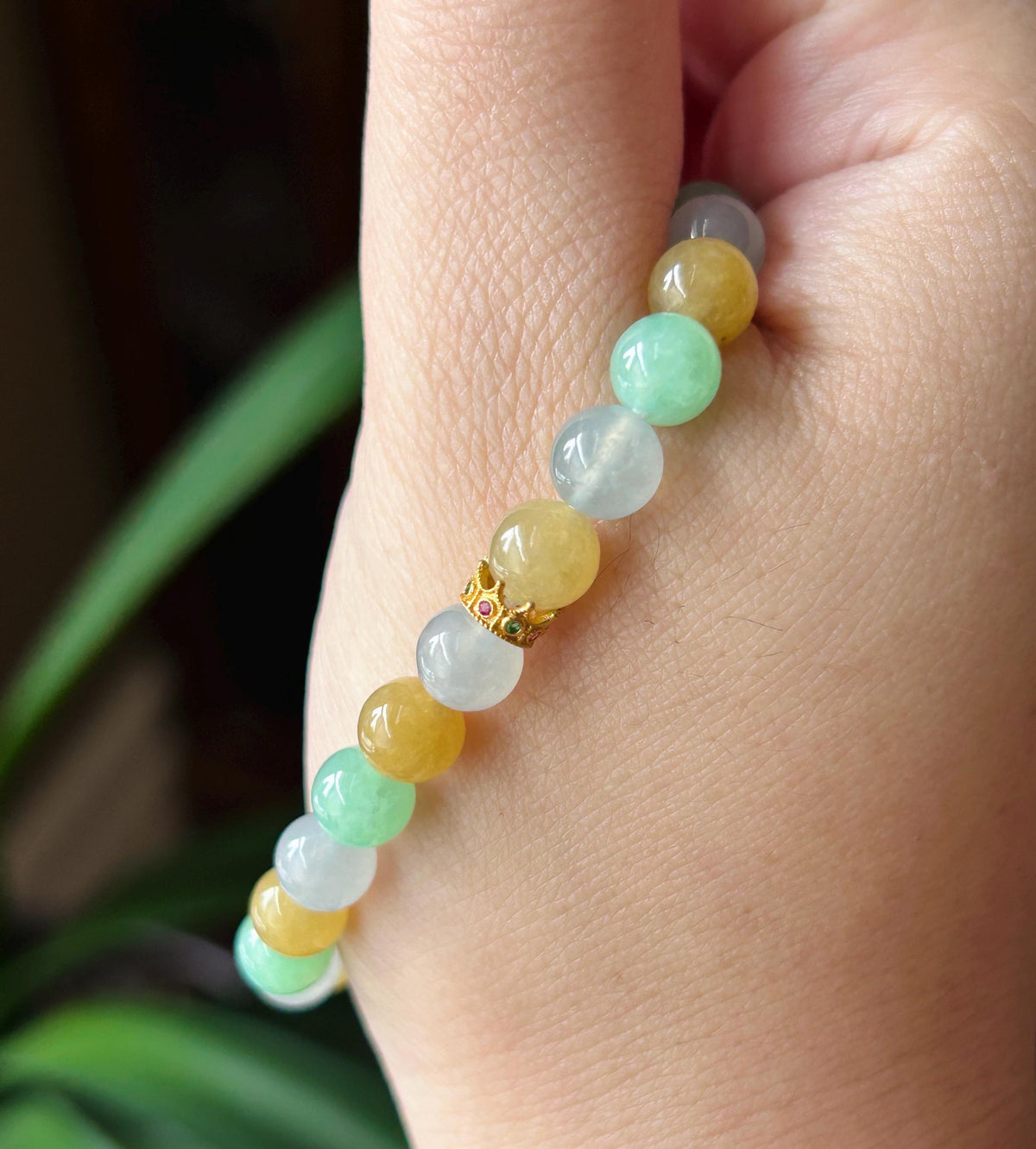 Natural Jadeite Beaded Bracelet, Burmese Type A Translucent Icy Pale Blue Lavender, Honey Yellow, Apple Green Multi-Color Jade, 6.8mm